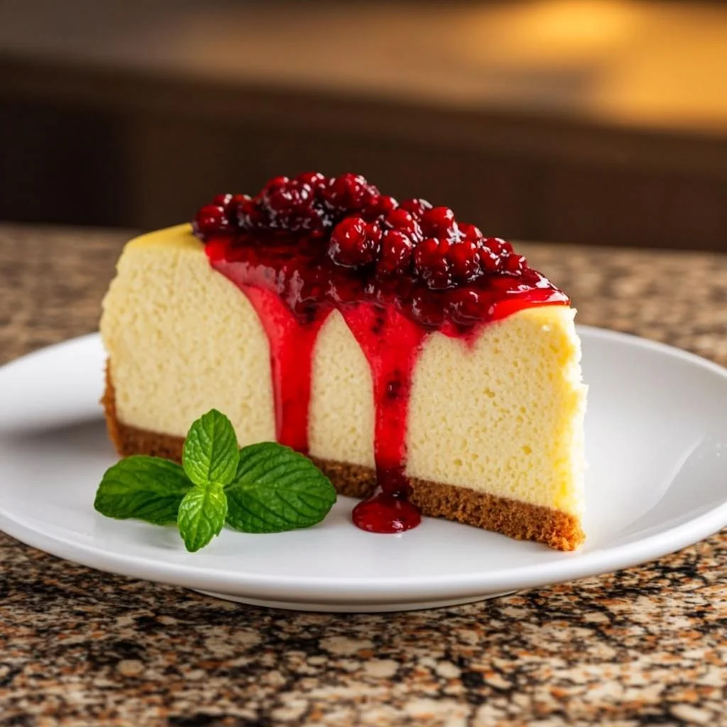 A close-up food photograph of a slice of creamy cheesecake on a white ceramic plate, topped generously with glossy red berry sauce and fresh berries. A small sprig of fresh mint adds contrast in the foreground. The warm café lighting, wooden background, and detailed creamy texture give it a luxurious, appetizing bakery/dessert-shop aesthetic