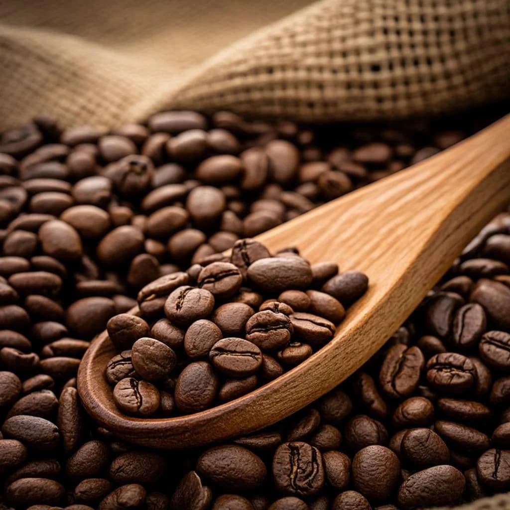 A close-up, warm-toned photograph of fresh roasted coffee beans spread across a surface, with a rustic wooden scoop filled with coffee beans in the foreground. A burlap coffee sack is visible in the background. The rich brown tones, soft focus, shallow depth of field, and warm lighting create an authentic, premium artisan coffee-roastery atmosphere.