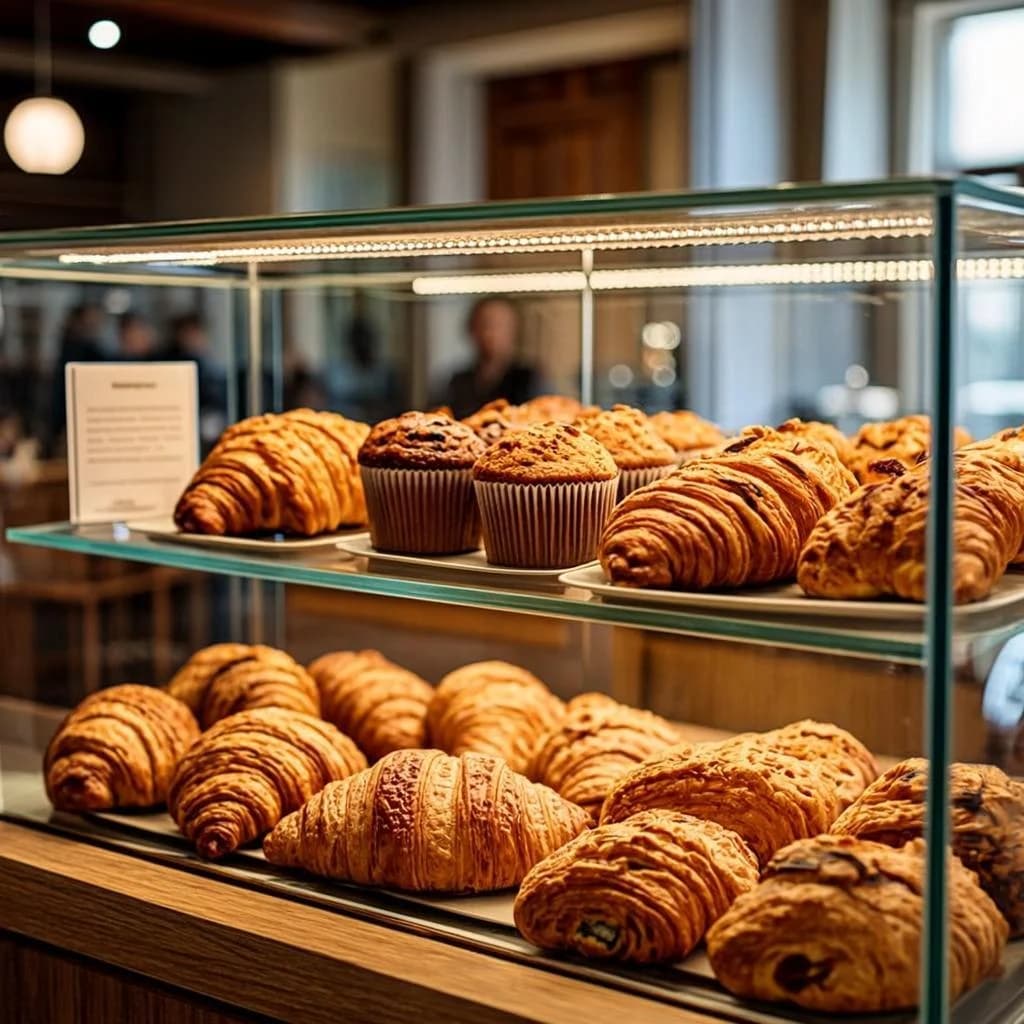 A warm, inviting photograph of a glass bakery display filled with freshly baked pastries. Multiple golden-brown croissants, muffins, and other flaky pastries are arranged neatly on trays across two shelves. Warm interior lighting, reflections on the glass, and a softly blurred café background give the scene a luxurious, authentic artisan bakery feel